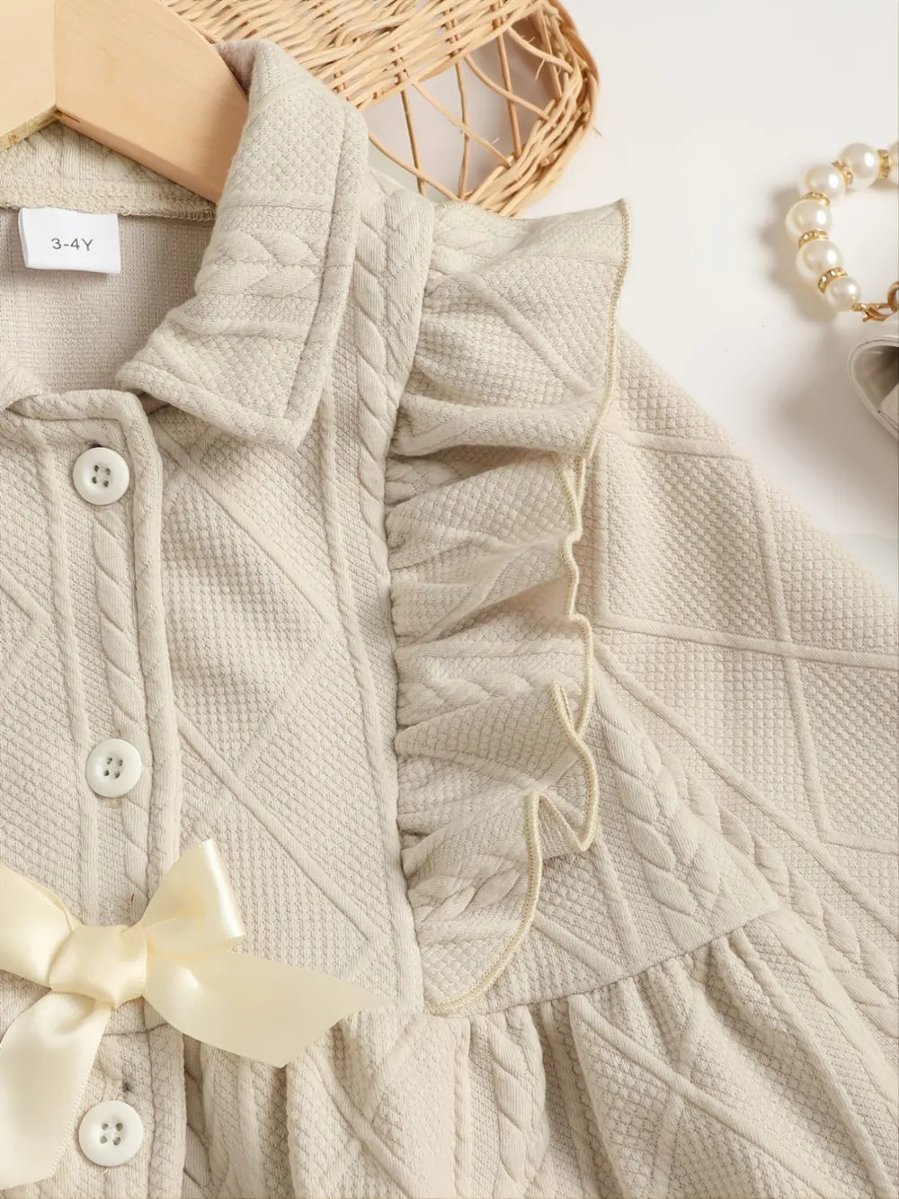 Children's Ruffled Bow Collared Neck Dress.