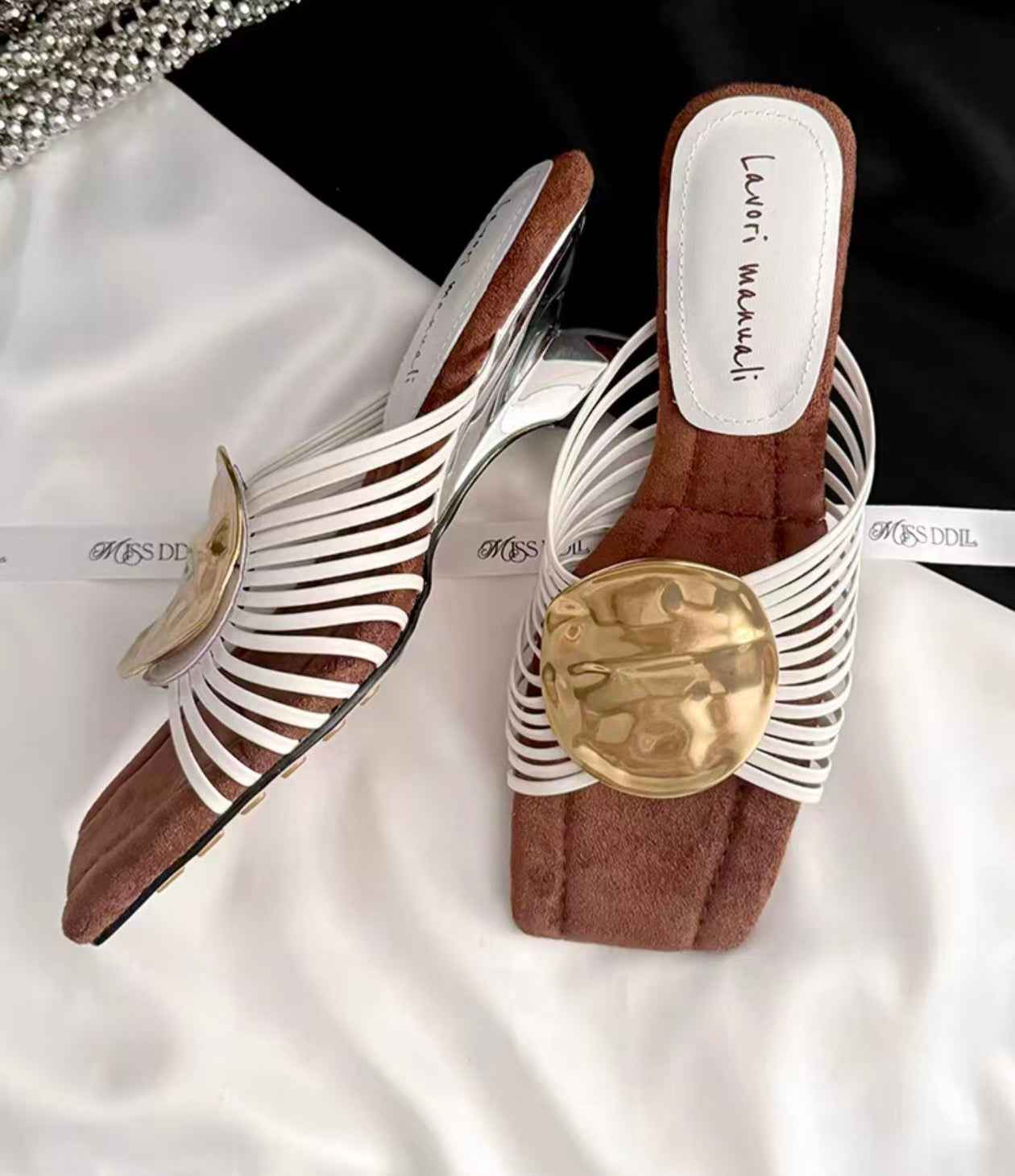 French Thin Strap Woven Roman Sandals With Metal Decorations, Small Wedge Gold Stylish Slide Sandals For Women