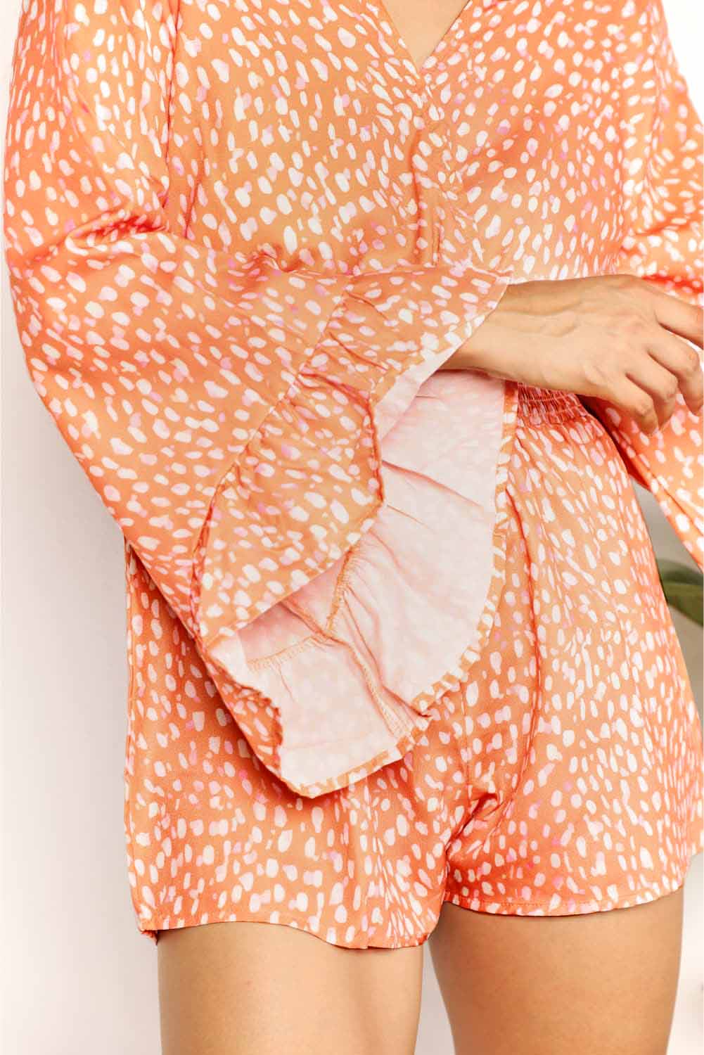 Double Take Printed Flare Sleeve Surplice Romper - CHIC TB