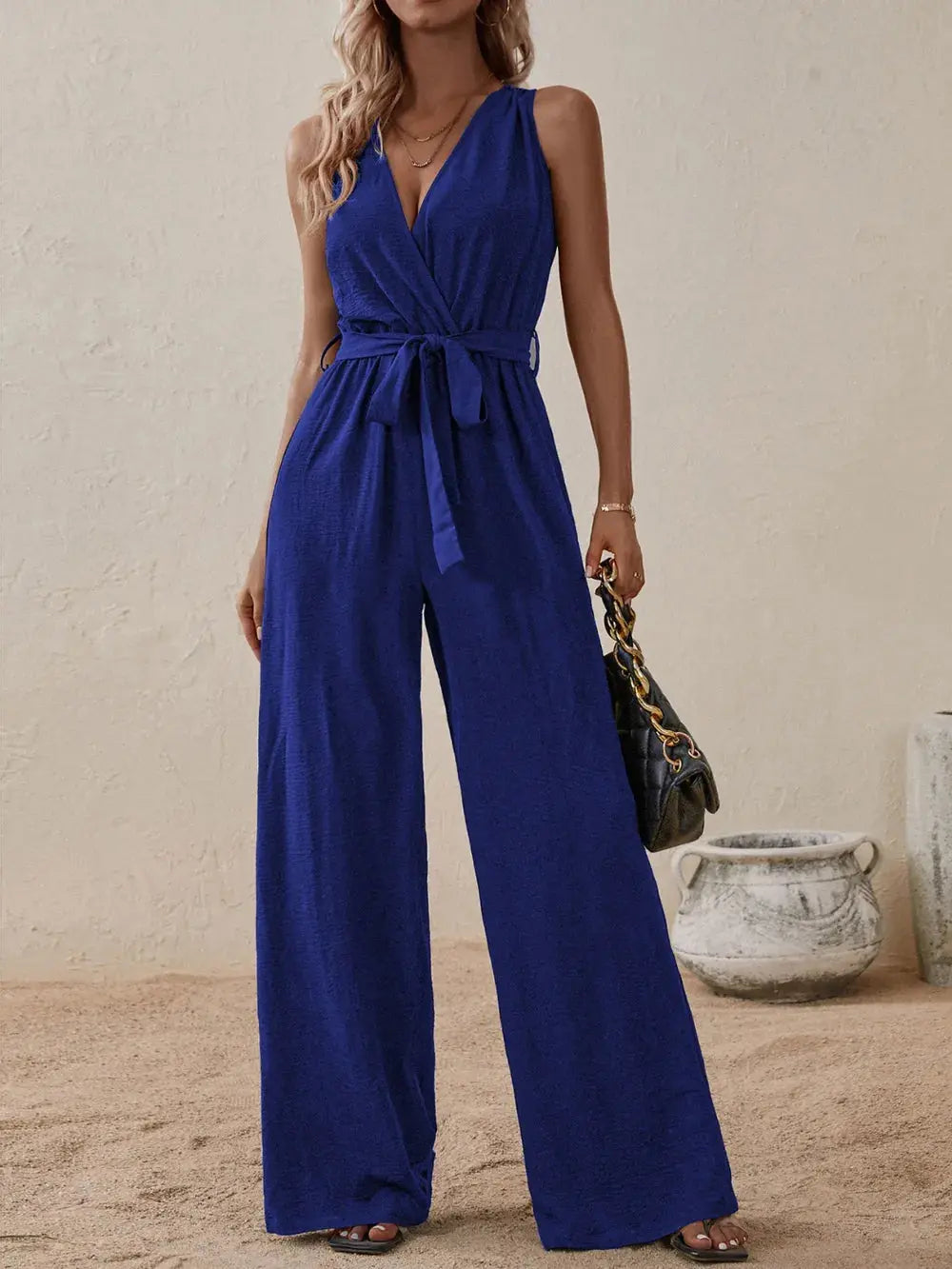 Honey Tied Surplice Sleeveless Wide Leg Jumpsuit.