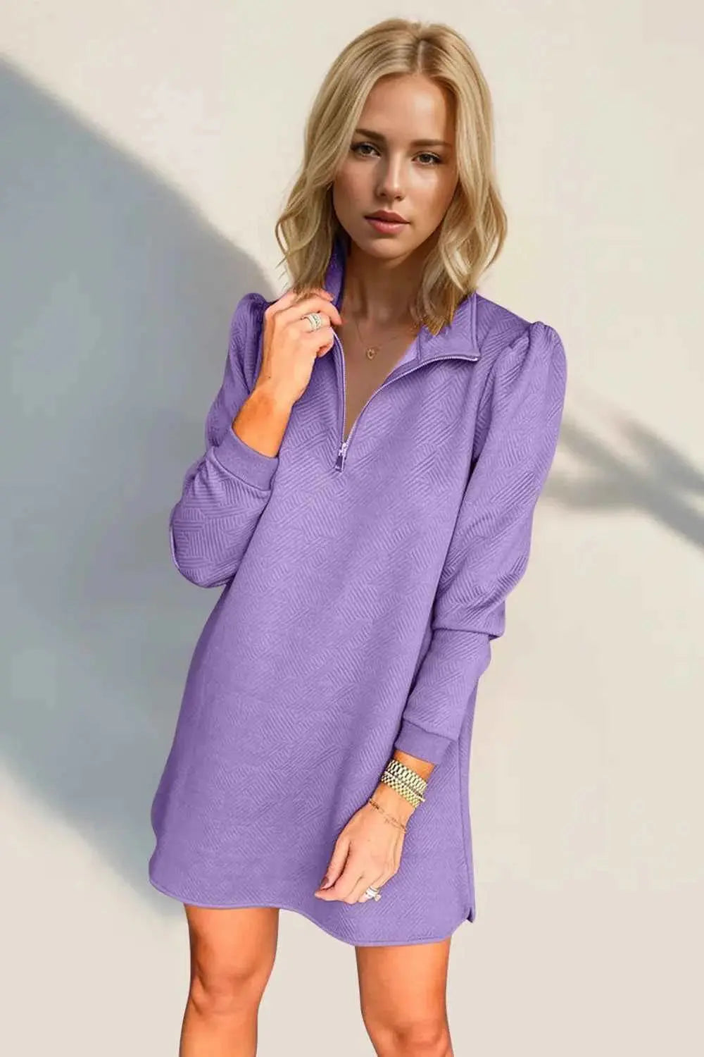 Double Take Textured Quarter Zip Long Sleeve Dress.
