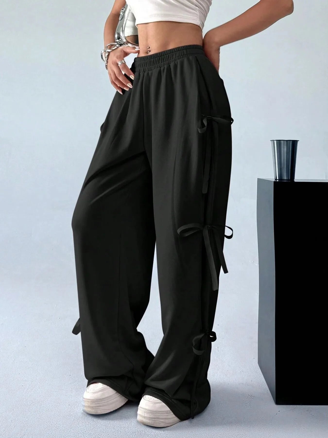 Cargo Wide Leg Pants with Side Tie Details.