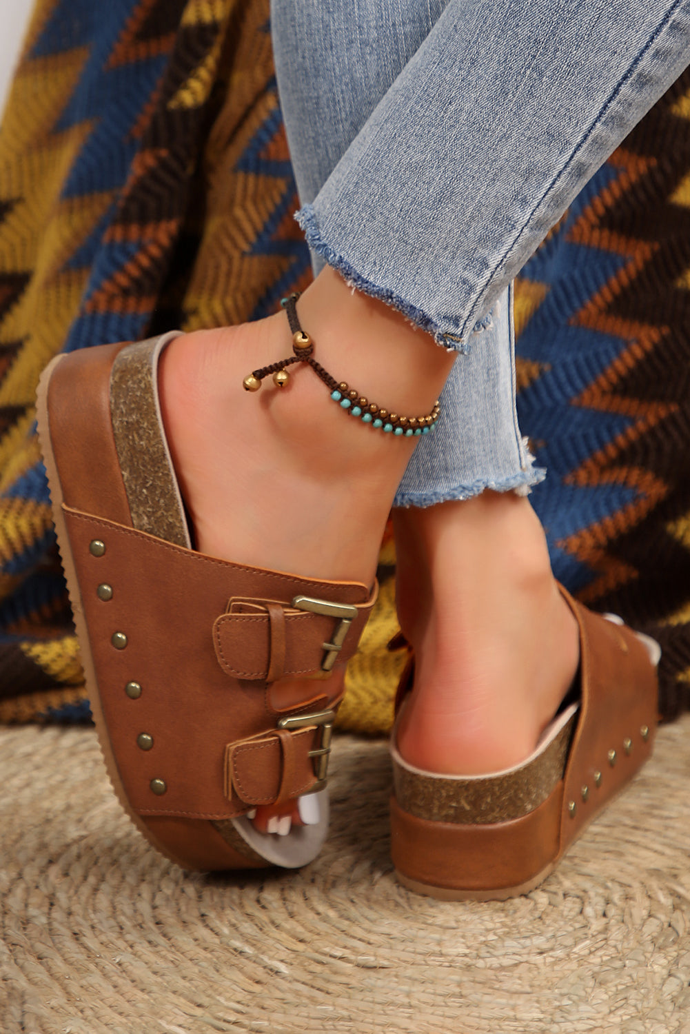 Chestnut Dual Buckle Studded Platform Sandal Slippers Dear-Lover Dropshipping