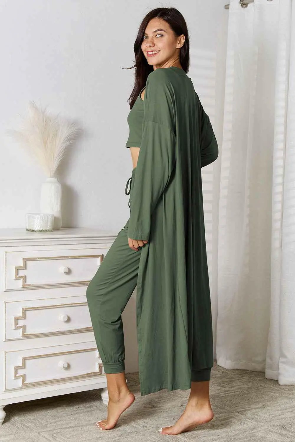 Tank, Pants, and Cardigan Set with Pockets.