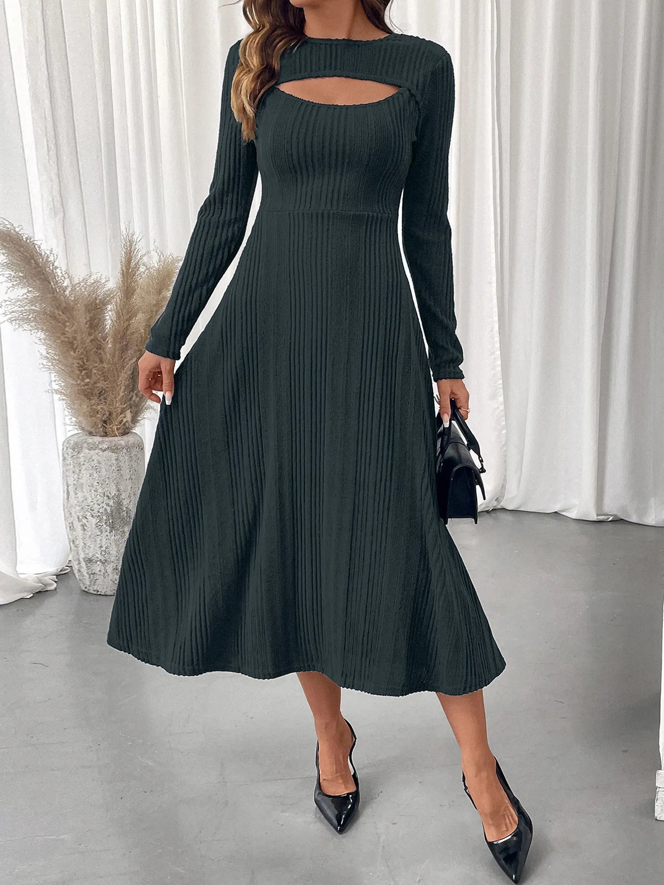 Ribbed Knit Cutout Long Sleeve Midi Dress.