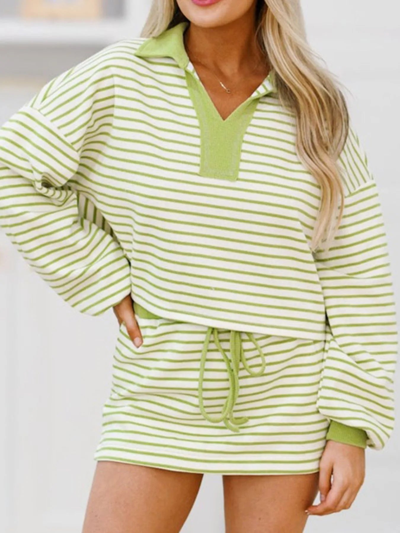 Collared Neck Striped Top and Drawstring Skirt Set.