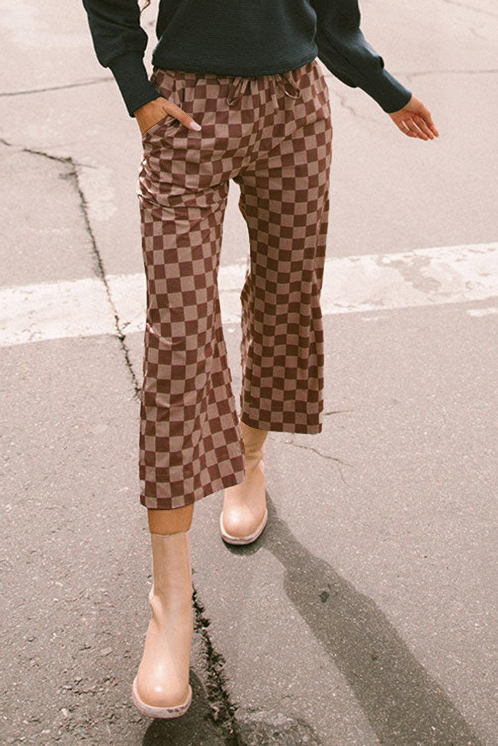 Khaki Checkered Elastic High Waist Loose Casual Pants Dear-Lover Dropshipping