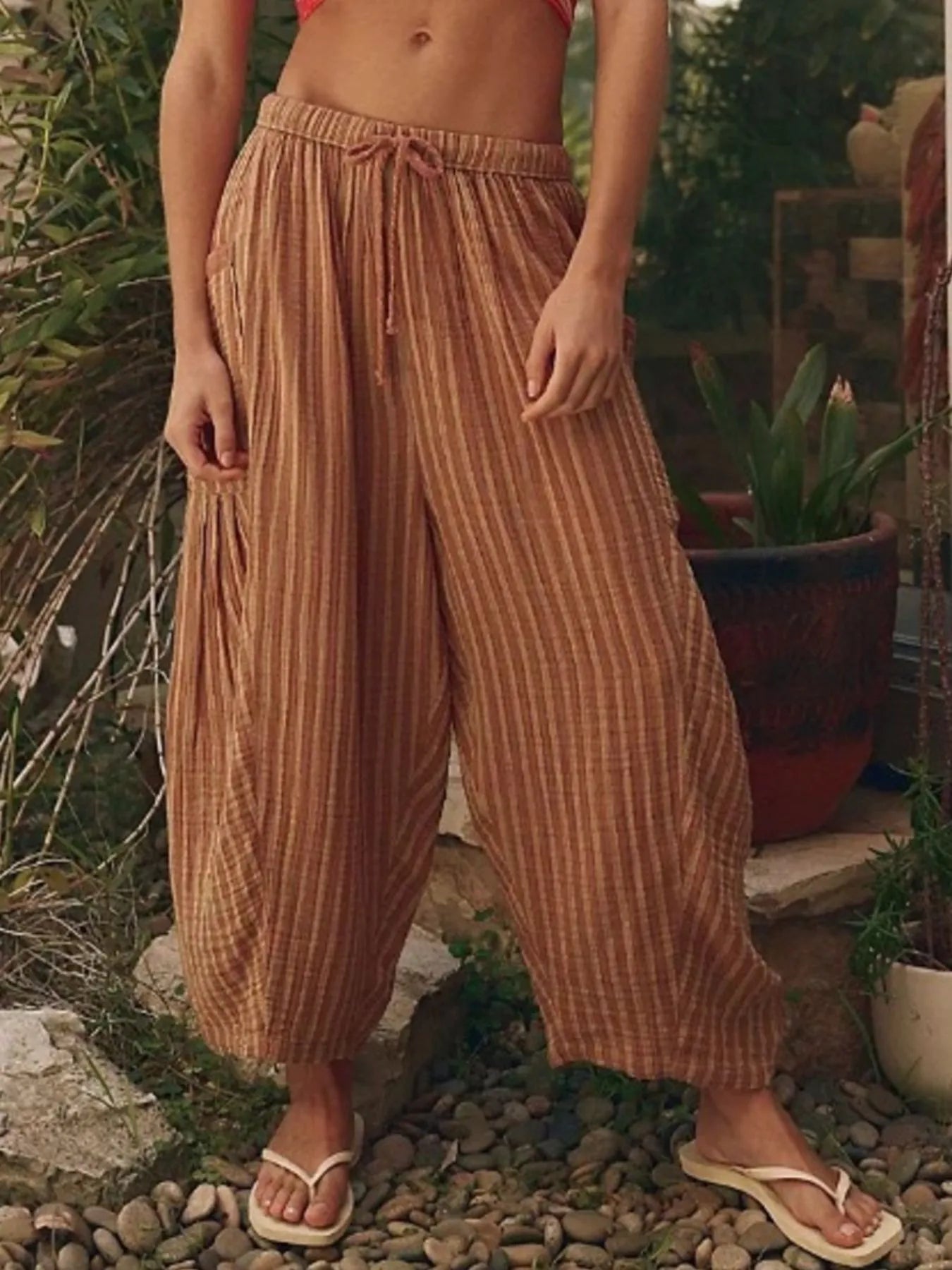 Full Size Striped Wide Leg Casual Pants Plus Size.