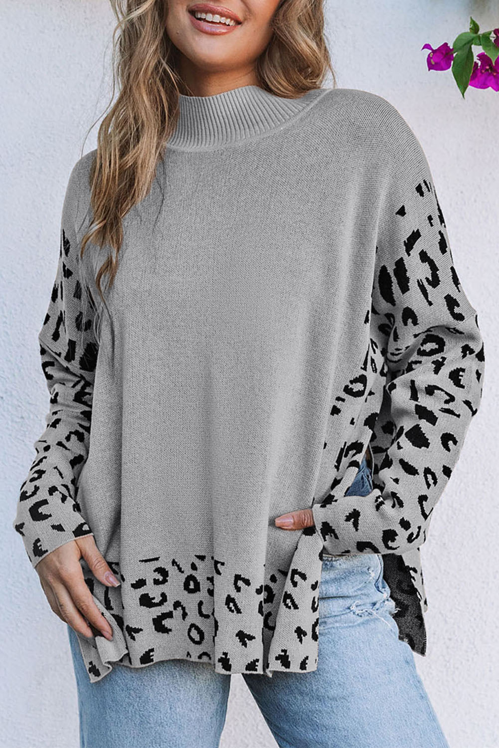 Gray Leopard High Neck Side Slit Oversized Sweater Dear-Lover Dropshipping