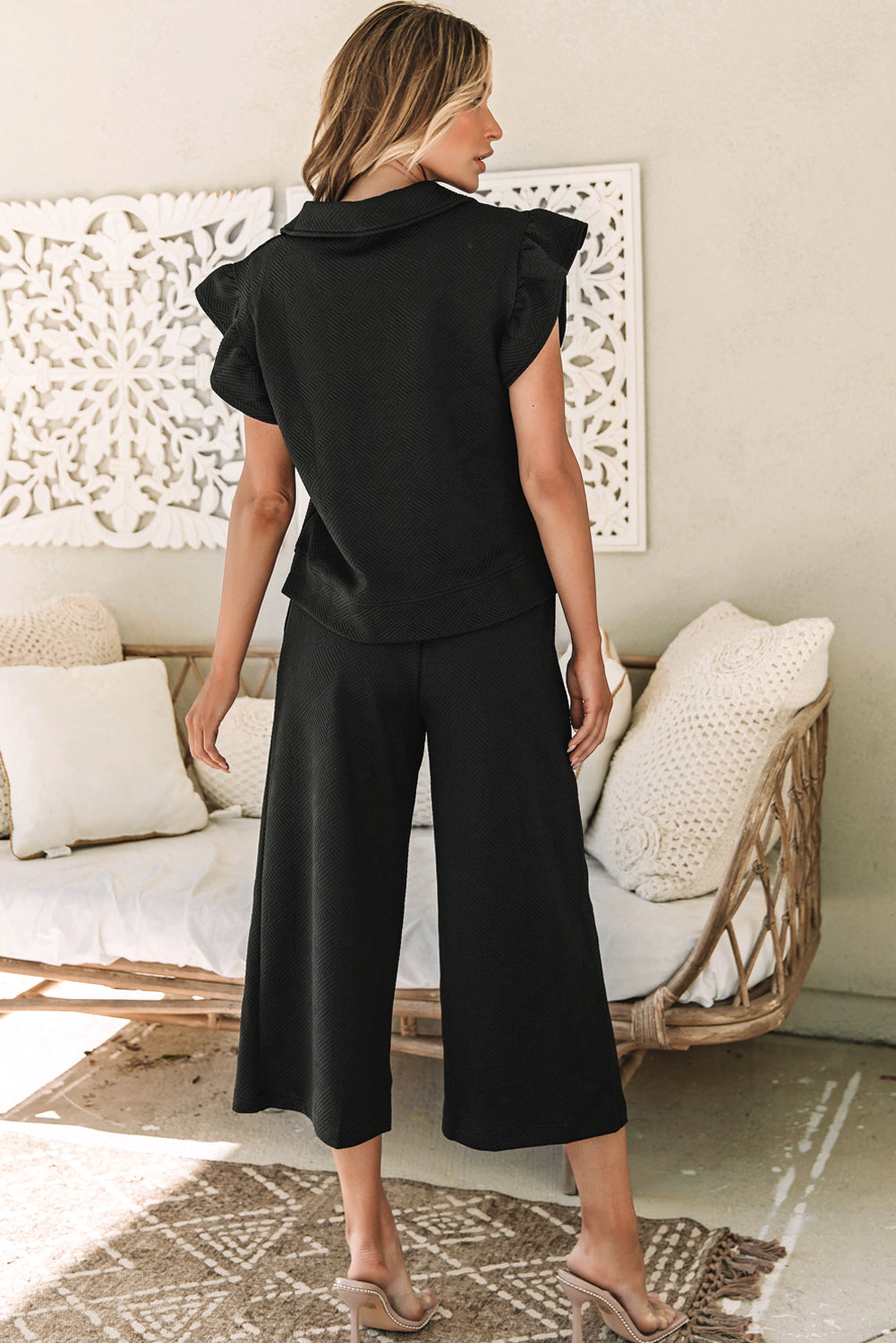 Black Textured Flutter Sleeve Top Wide Leg Pants Set Dear-Lover Dropshipping