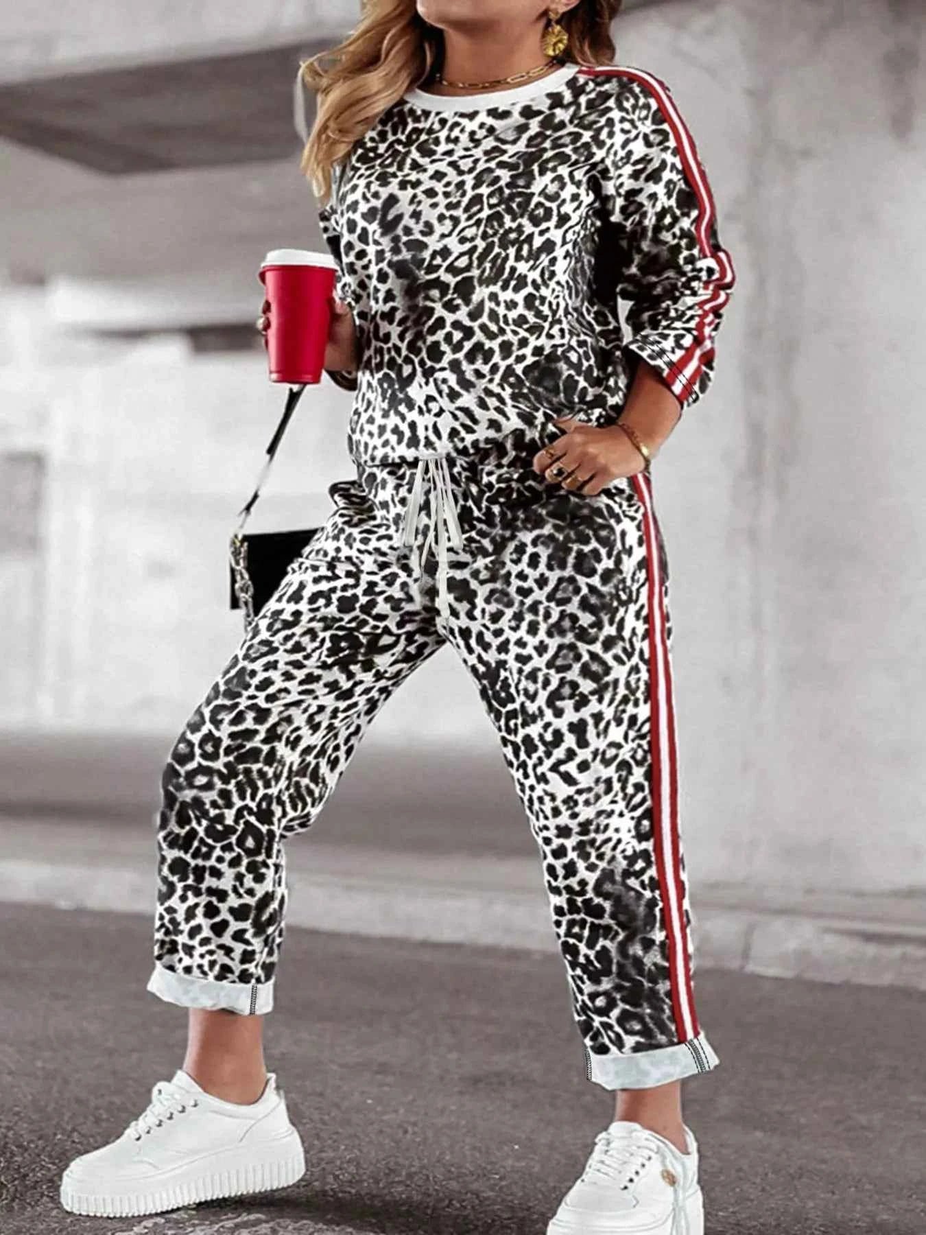 Plus Size Leopard Print Long Sleeve Top and Pants Set