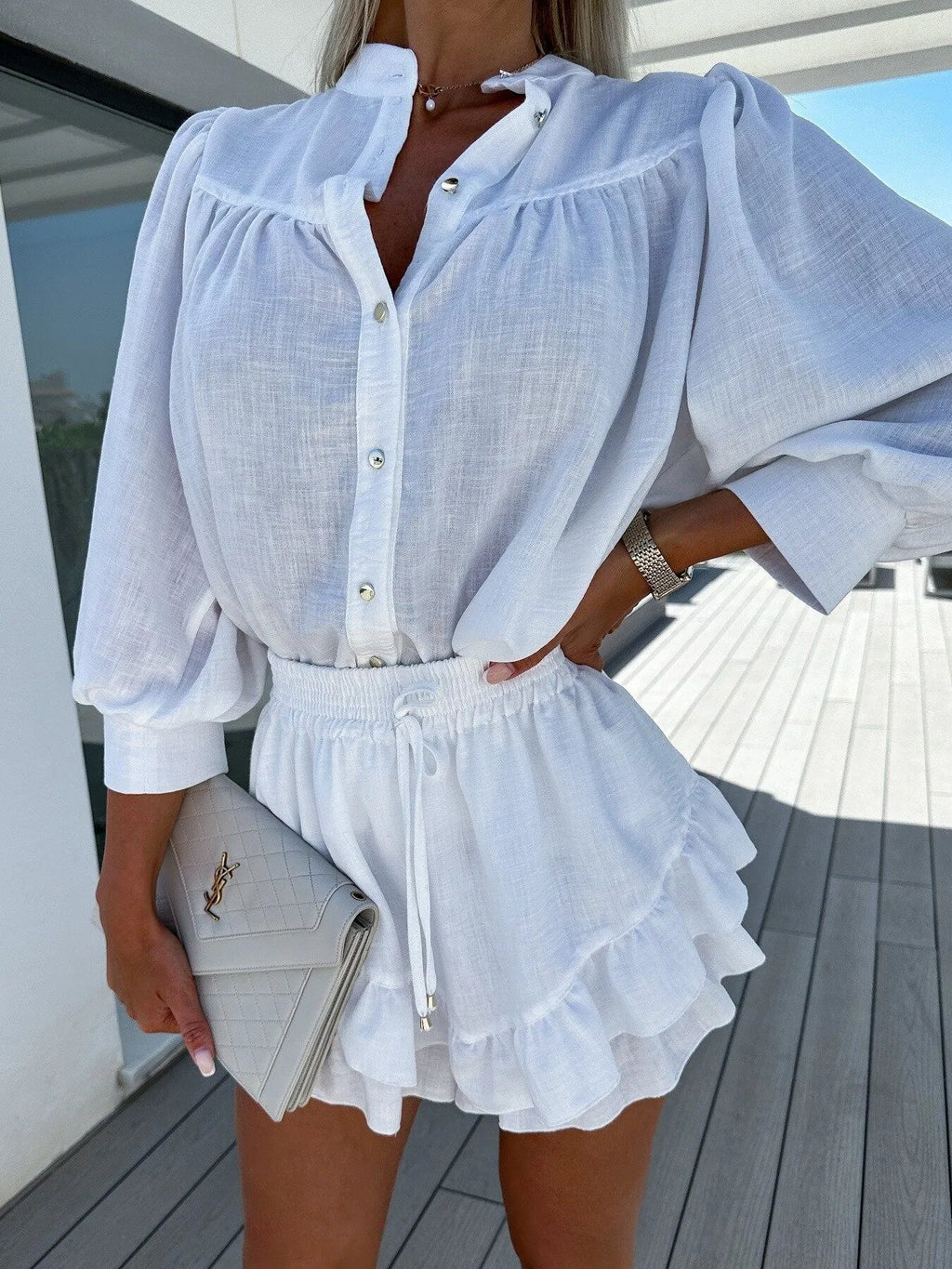 Button Up Top and Ruffled Skirt Set.