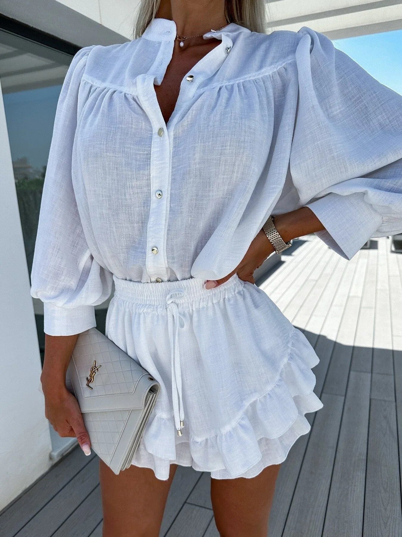Button Up Top and Ruffled Skirt Set.