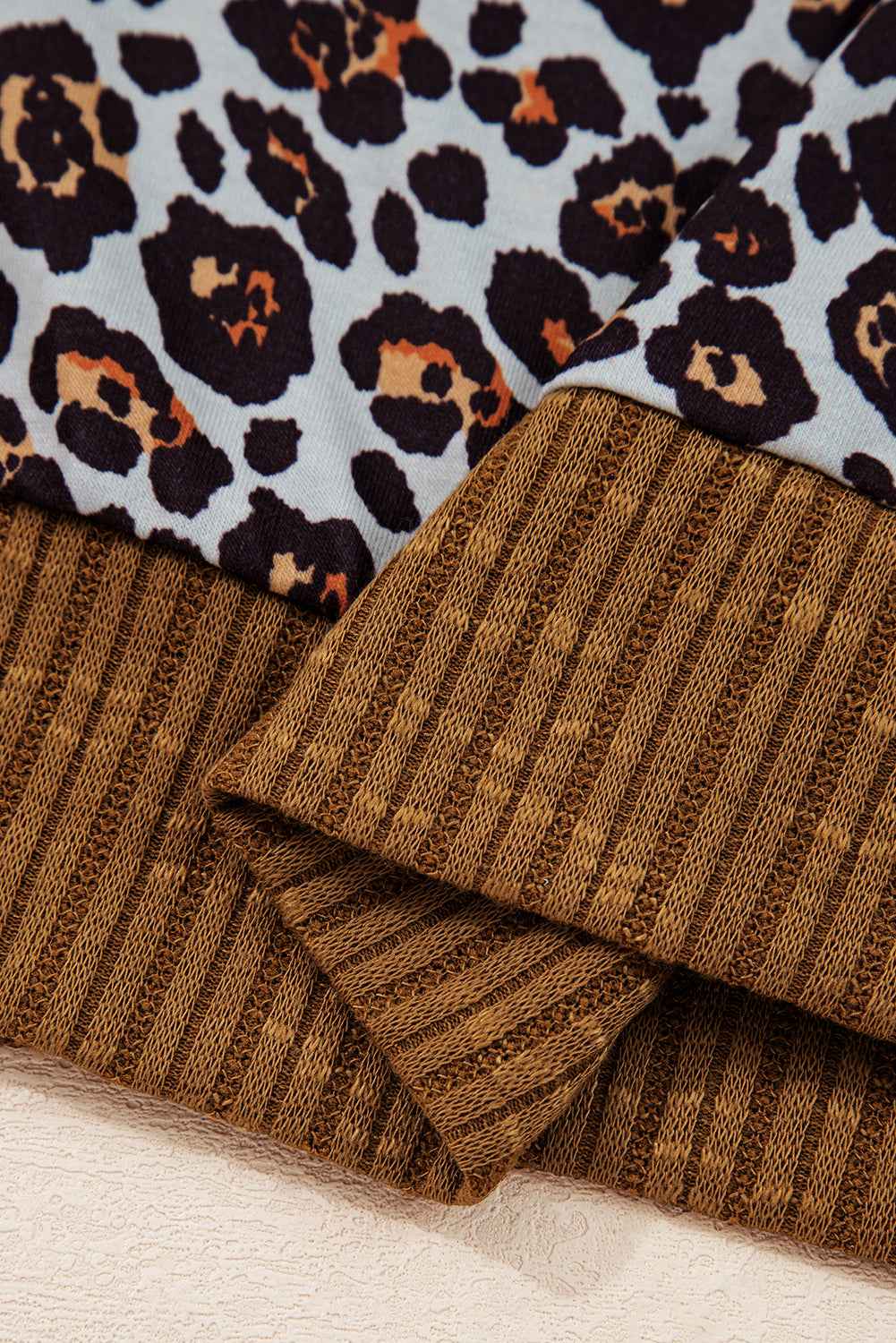 Brown Leopard Floral Print Ribbed Puff Sleeve Patchwork Loose Pullover