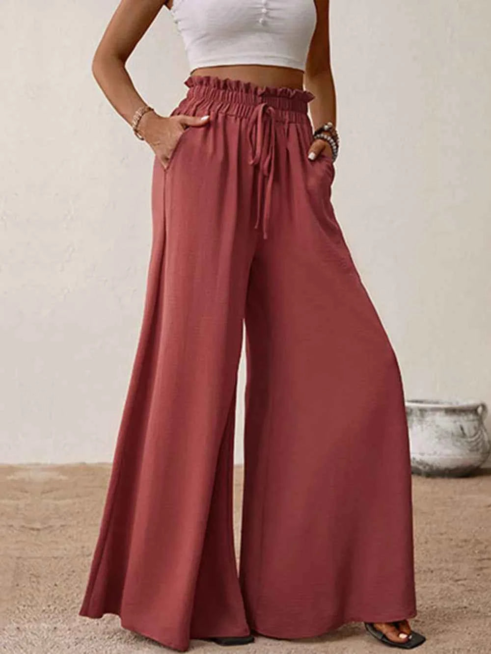 Perfee Frill Tied Wide Leg Pants.
