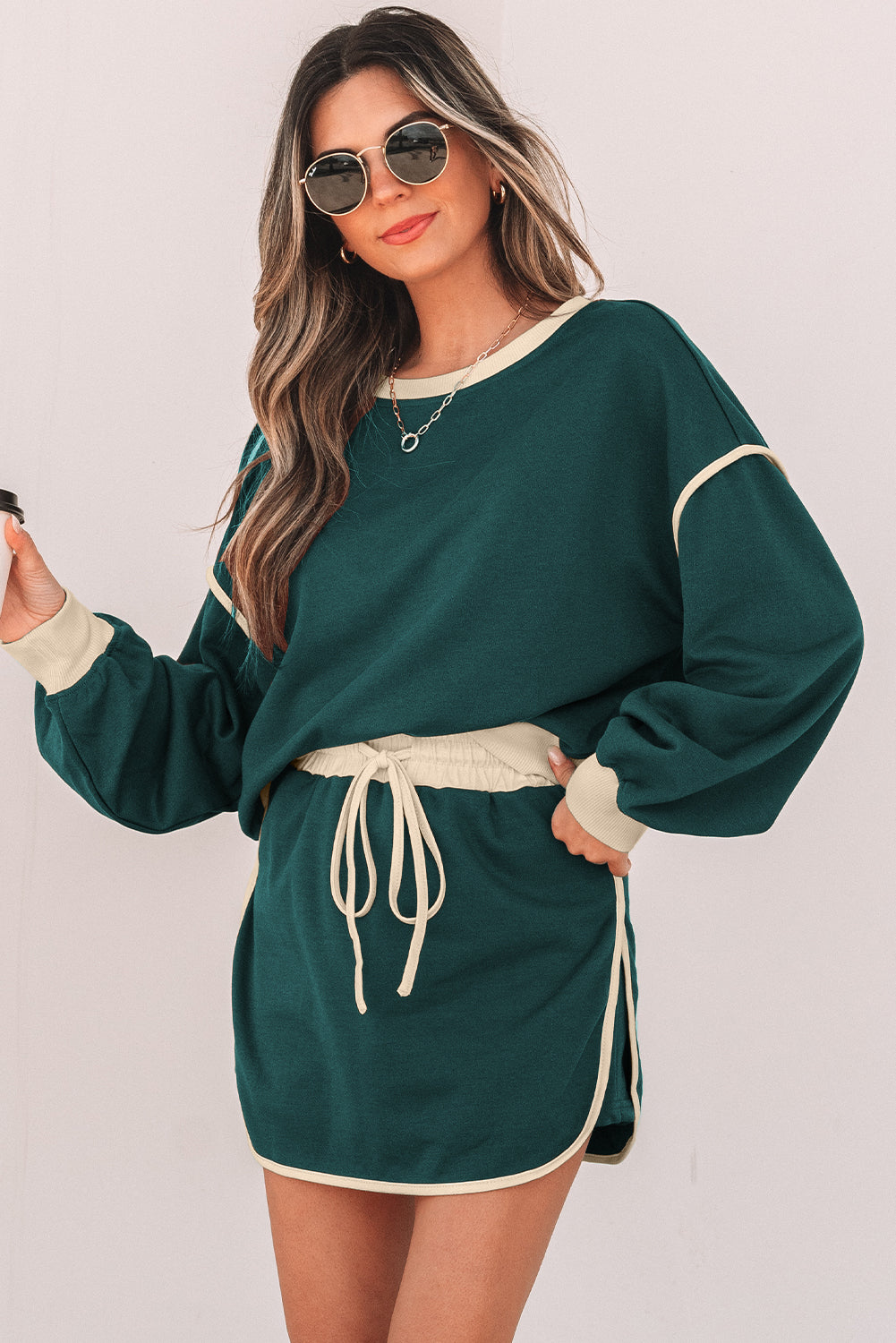 Evergreen Color Contrast Loose Pullover and Lace-up Waist Skort Set Dear-Lover Dropshipping