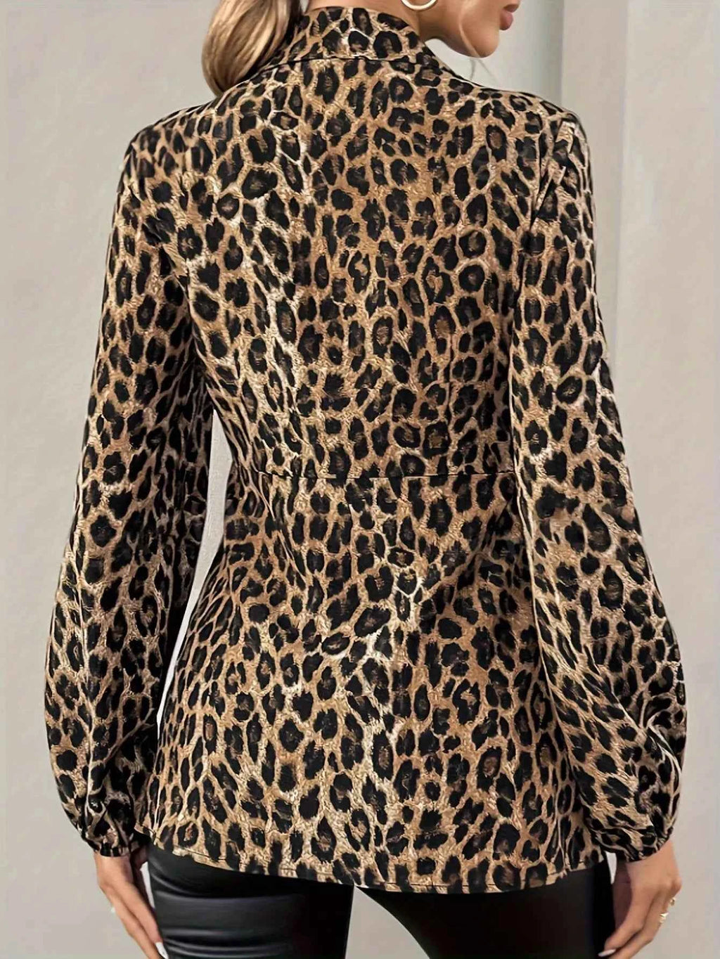 Leopard Print Tie Front Long Sleeve Blouse