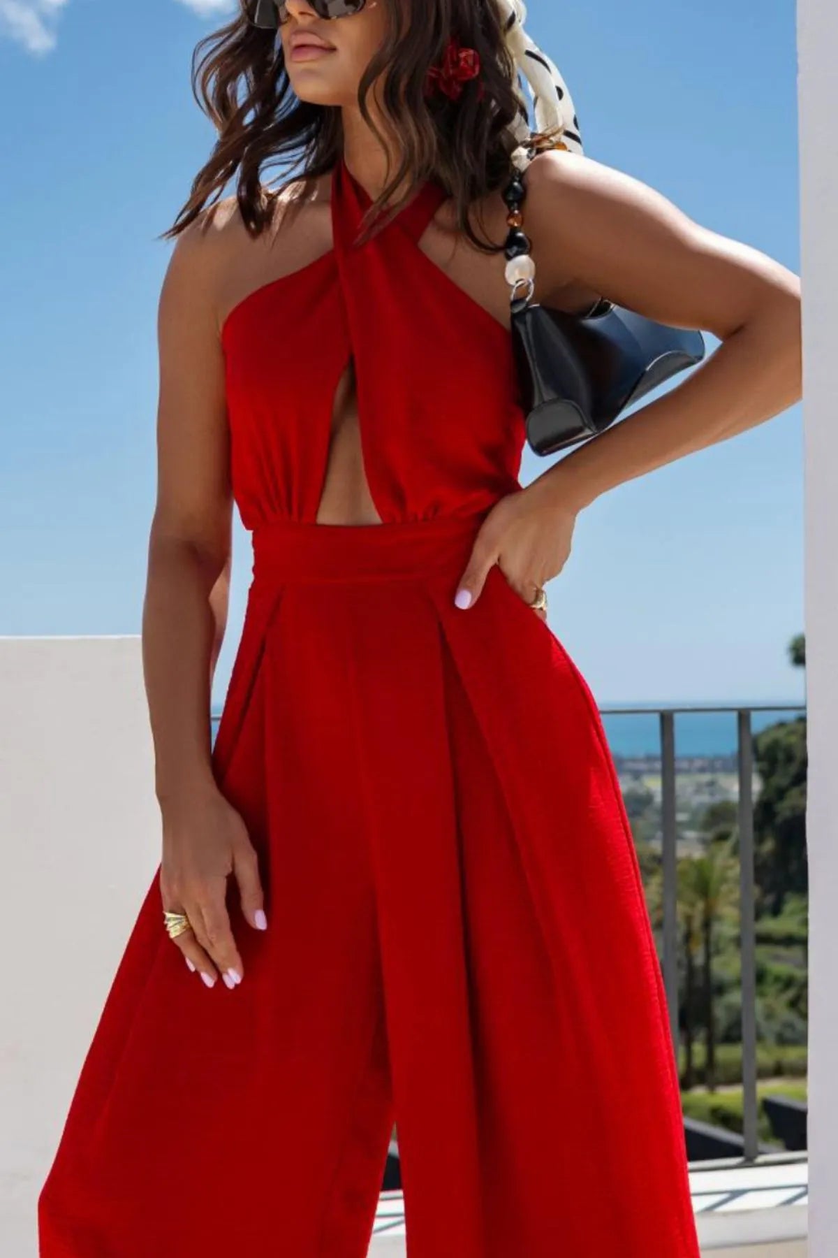 Halter Neck Wide Leg Jumpsuit with Keyhole Detail - CHIC TB