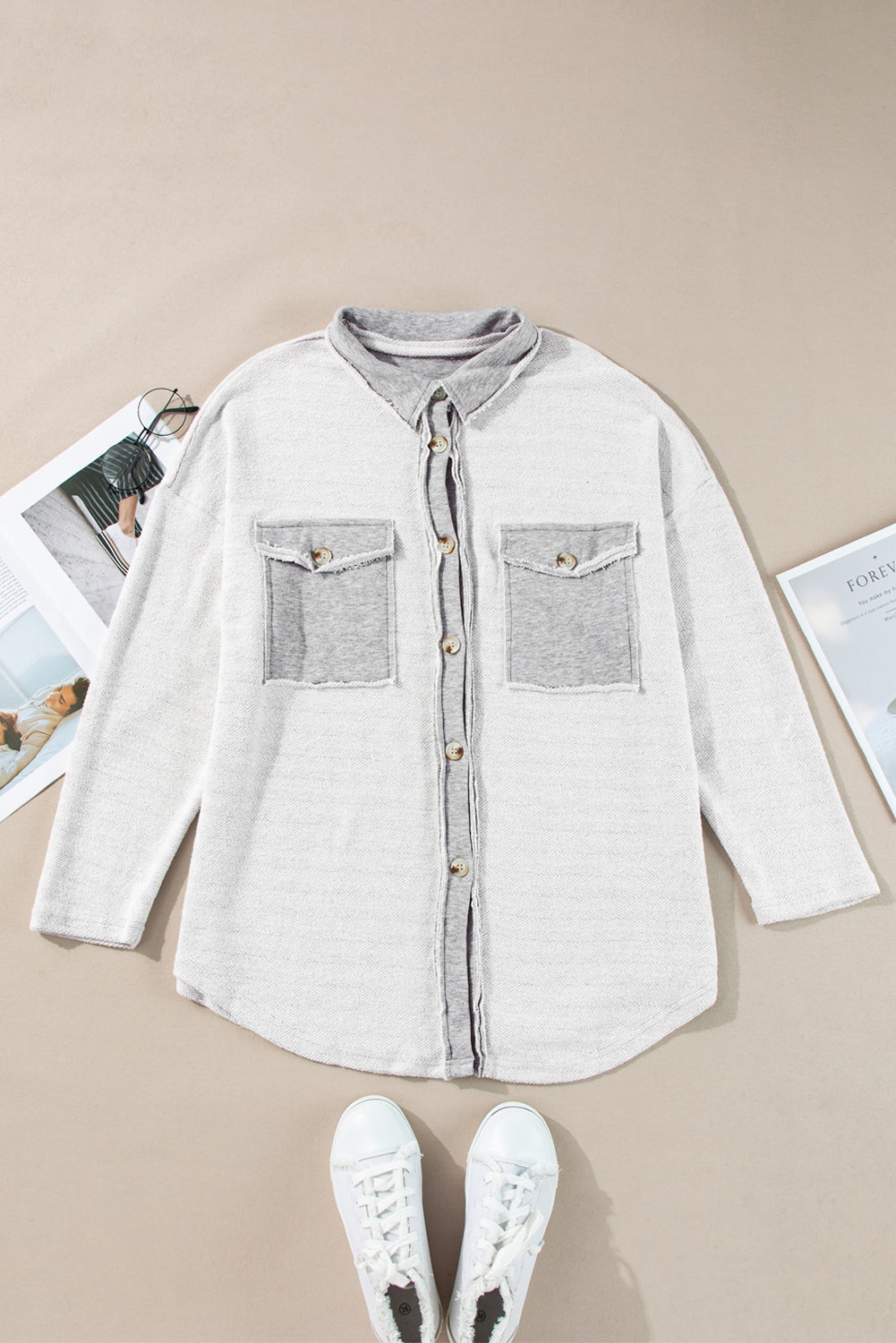 Gray Contrast Flap Pockets Relaxed Shacket Dear-Lover Dropshipping