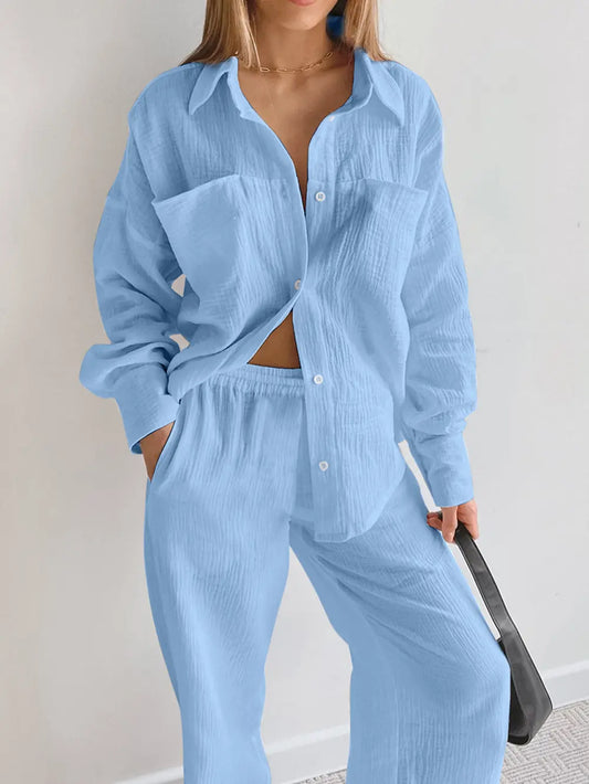 Texture Button Up Long Sleeve Shirt and Pants Set - CHIC TB