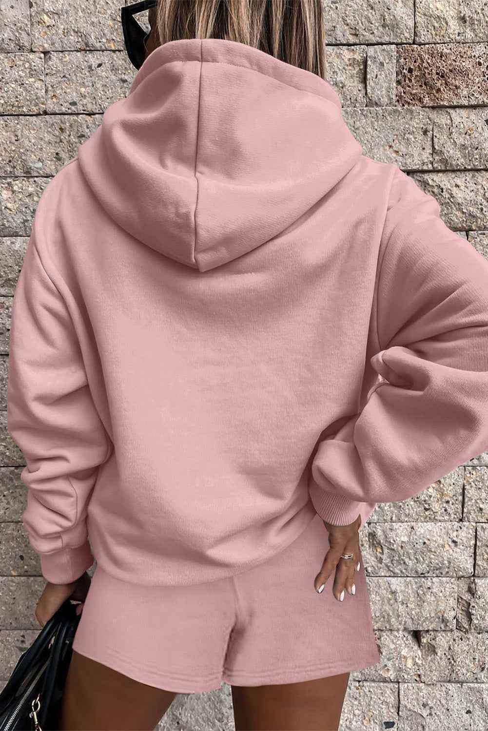 Peach Blossom Button Drawstring Hooded Pullover and Casual Short Set