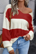 Red Stripe Loose Color Block Drop Shoulder Bubble Sleeve Sweater