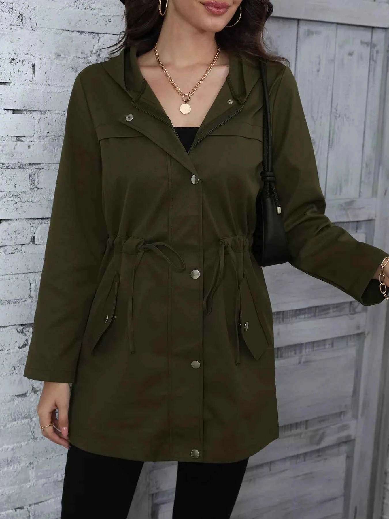 Hooded Drawstring Waist Casual Outerwear