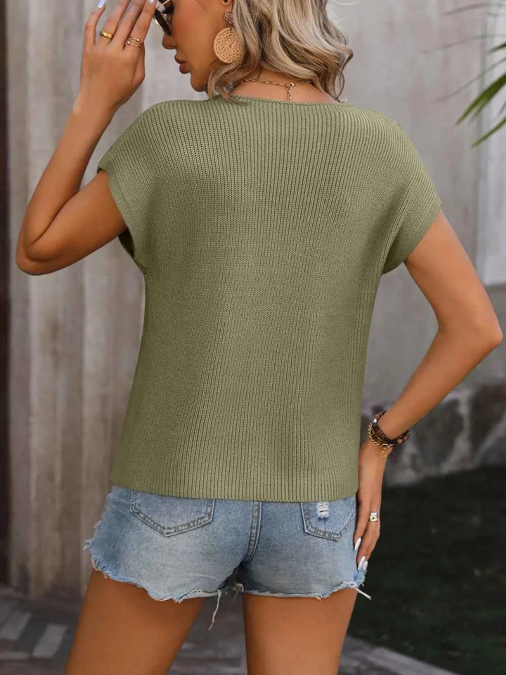 Mandy Pocketed Round Neck Cap Sleeve Sweater.