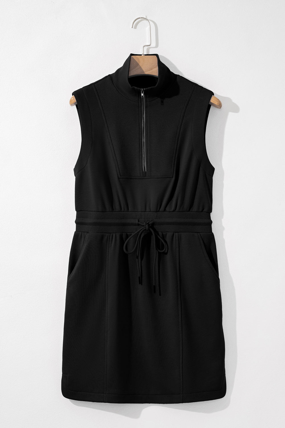 Black French Terry Zipped Collar Sleeveless Drawstring Waist Mini Dress Dear-Lover Dropshipping