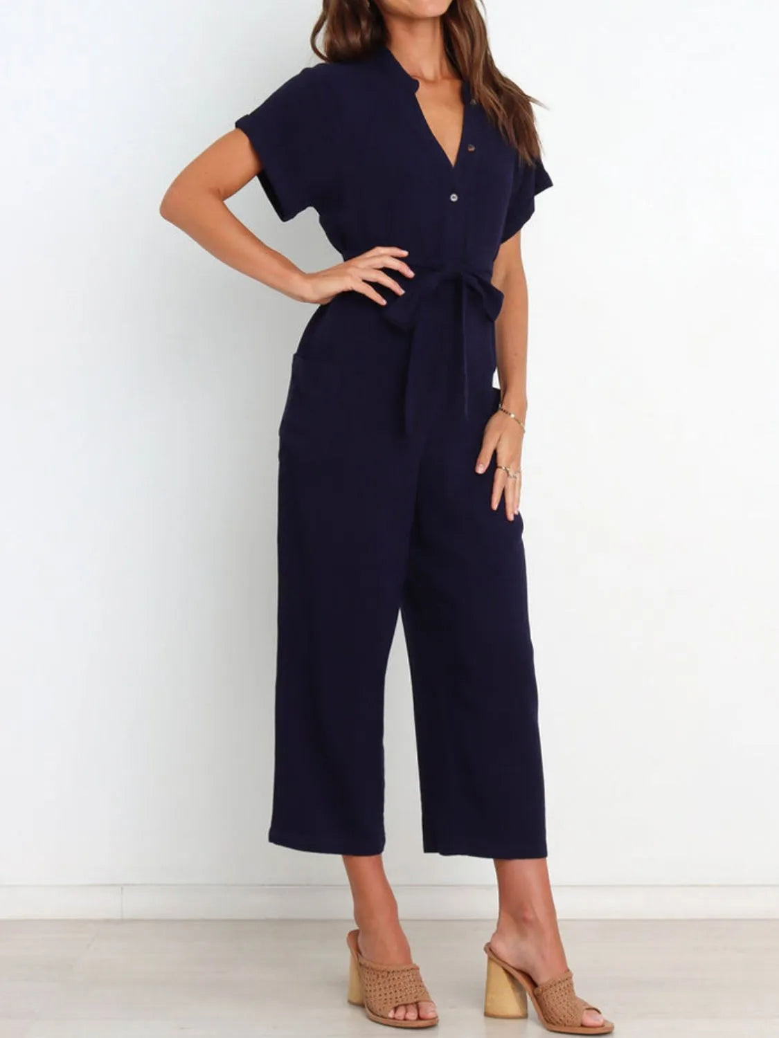 Notched Short Sleeve Tie Waist Jumpsuit.