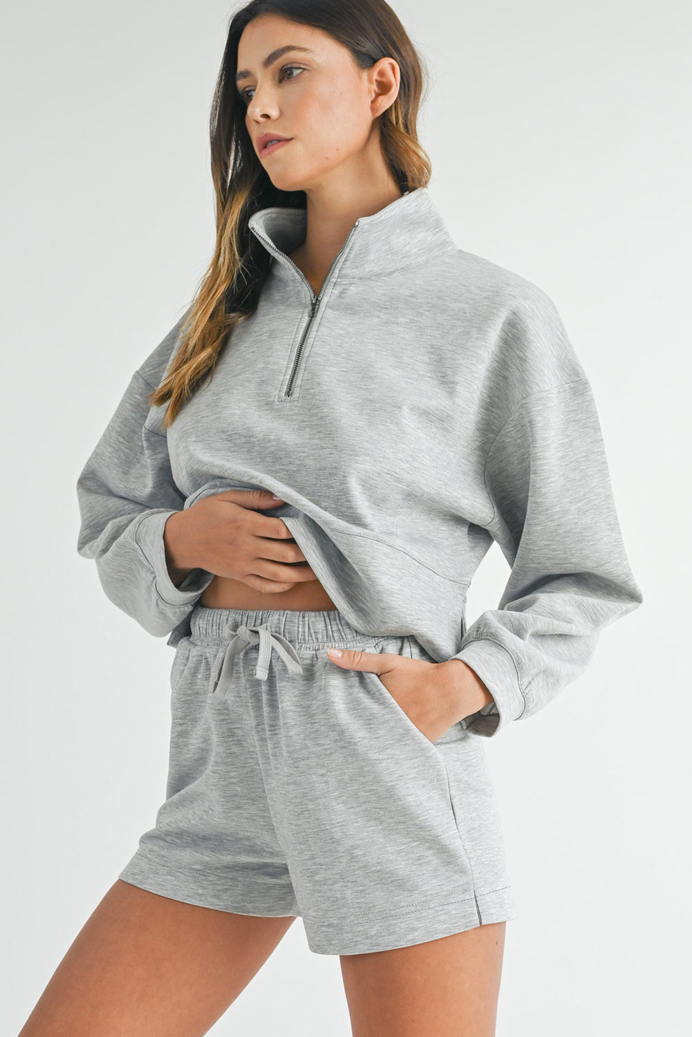 Light Grey Stand Neck Zipped Sweatshirt and Shorts Set Dear-Lover Dropshipping