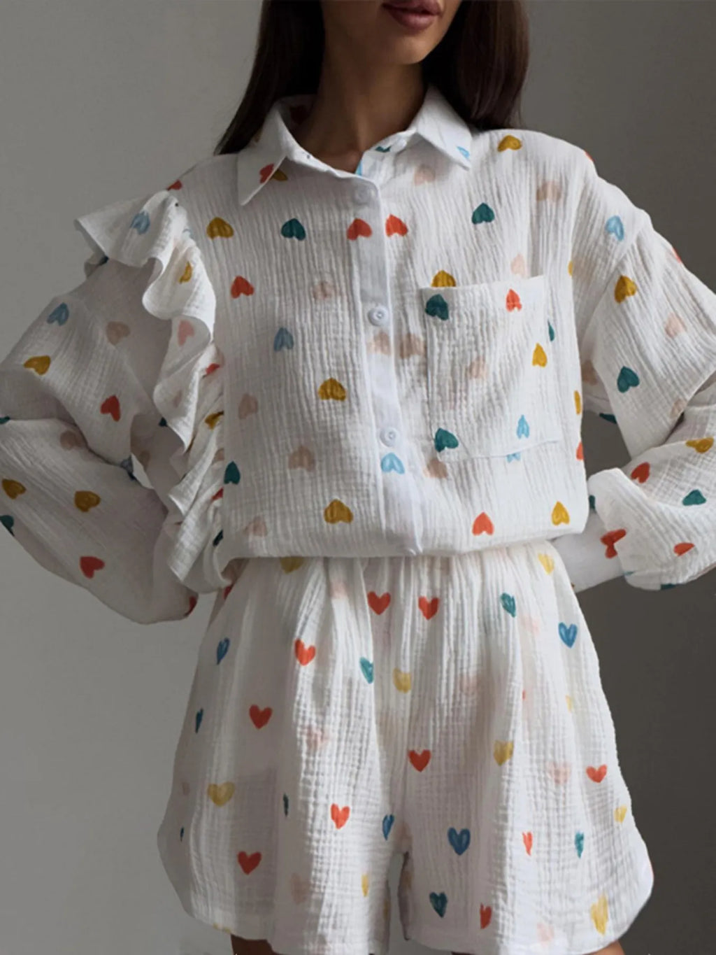 Colorful Heart Print Shirt and Shorts Set.