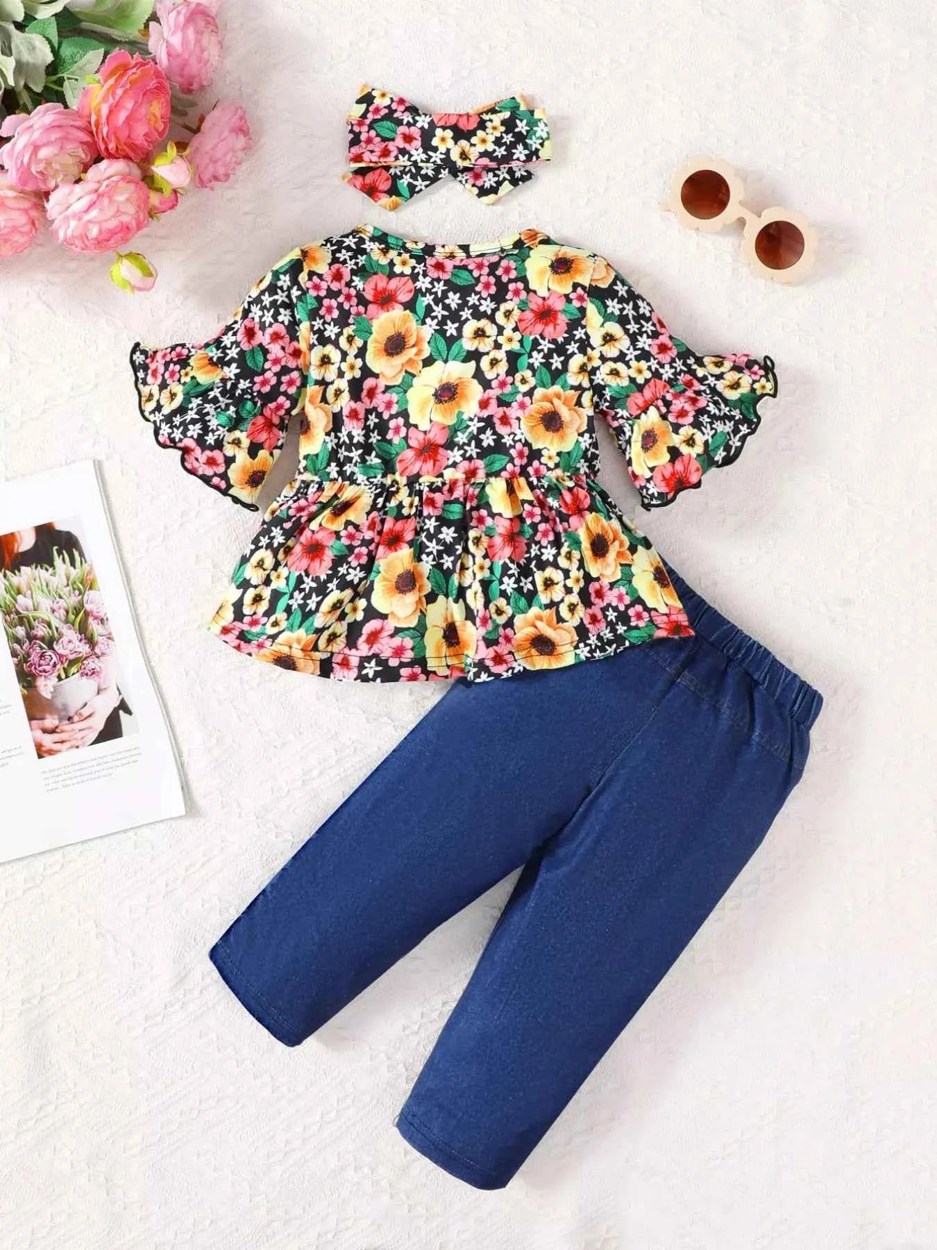 Children's Floral Bell Sleeve Top and Pants Set
