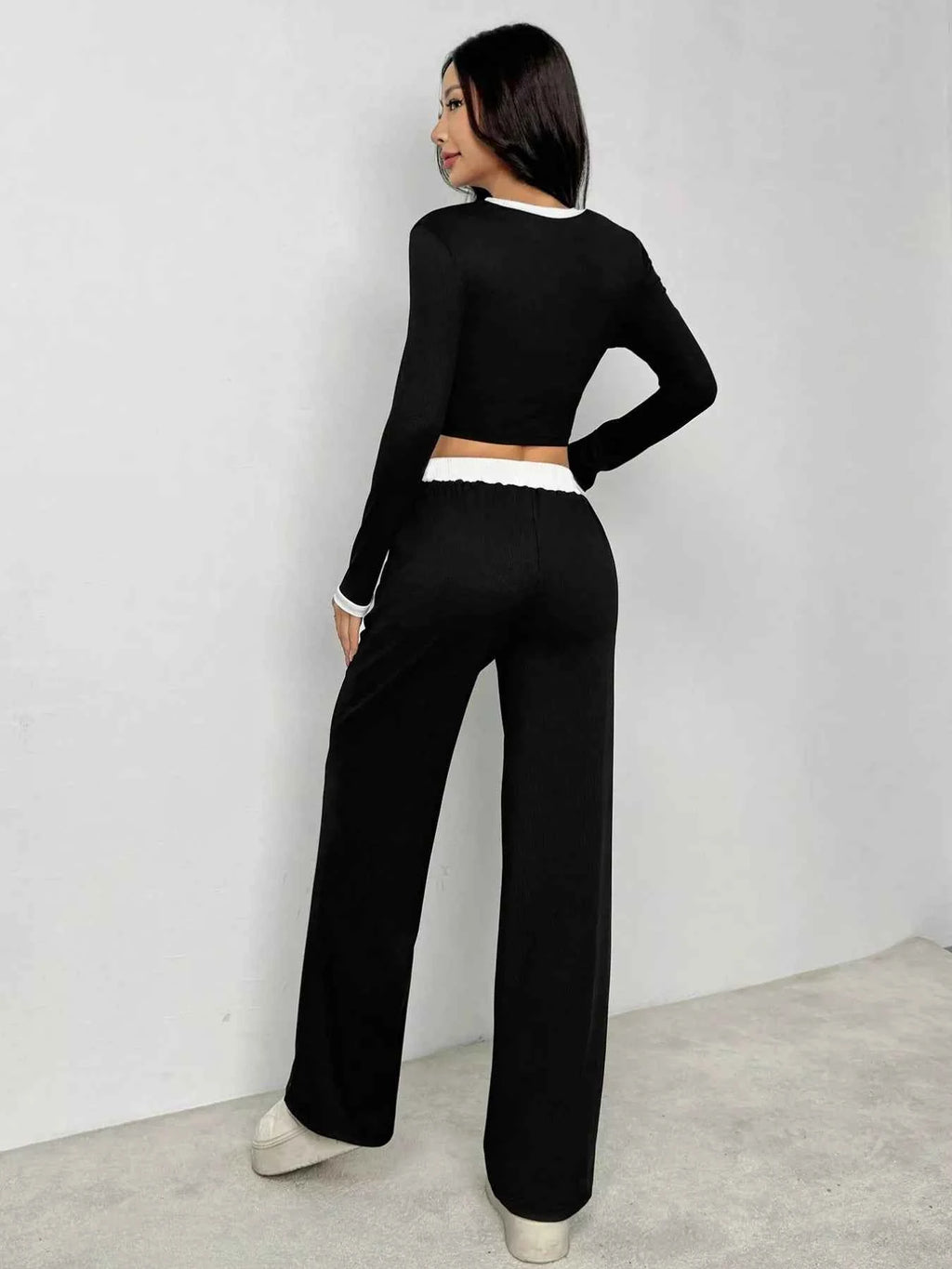 Contrast Trim Crop Top and Wide Leg Pants Set
