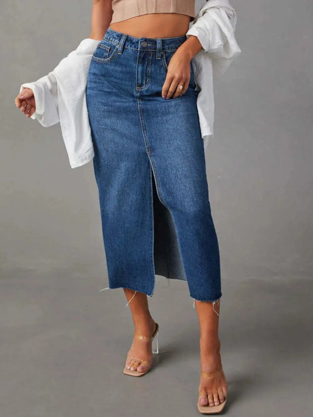 Raw Hem Front Slit Denim Midi Skirt.