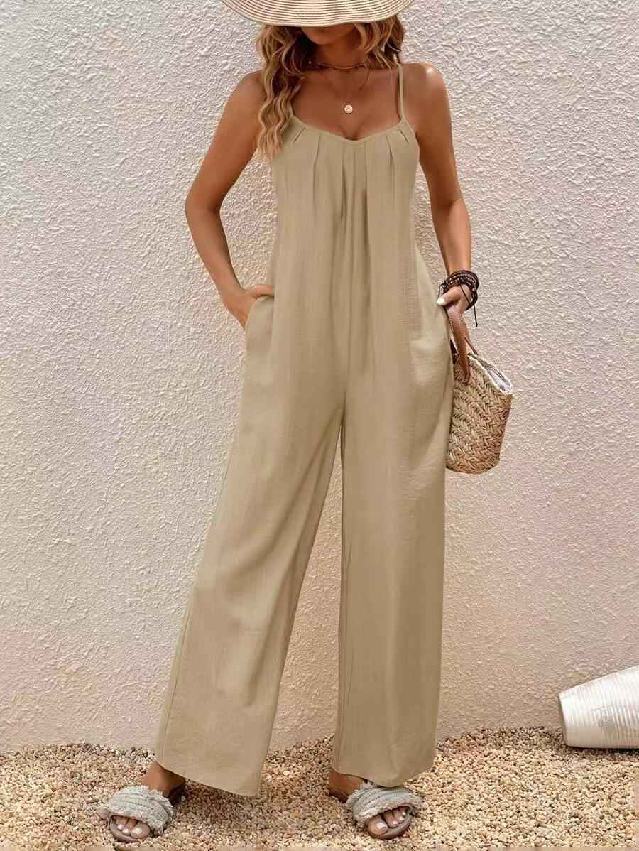 Adjustable-strap Jumpsuit Vacation Style Solid Color Elegant