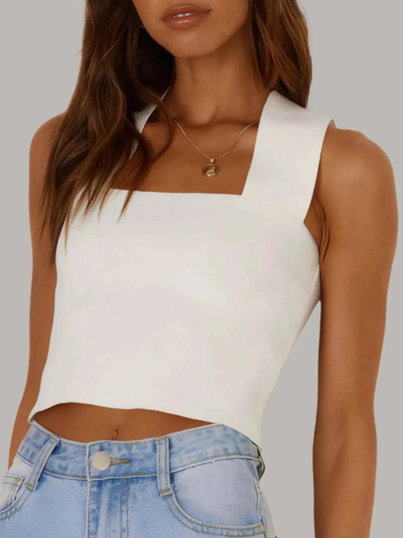 Square Neck Ribbed Crop Tank Top.