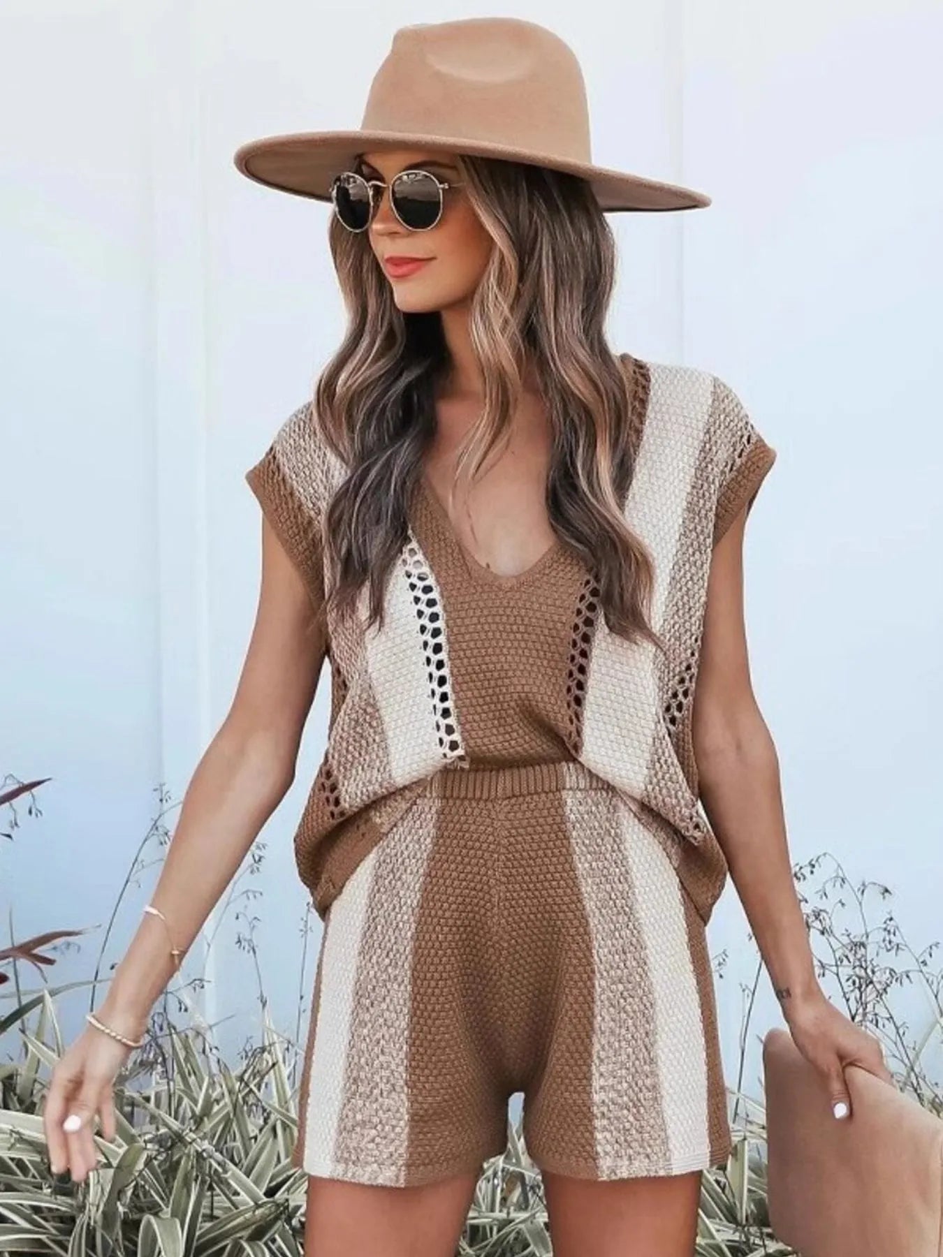 Openwork Color Block V-Neck Top and Shorts Sweater Set.