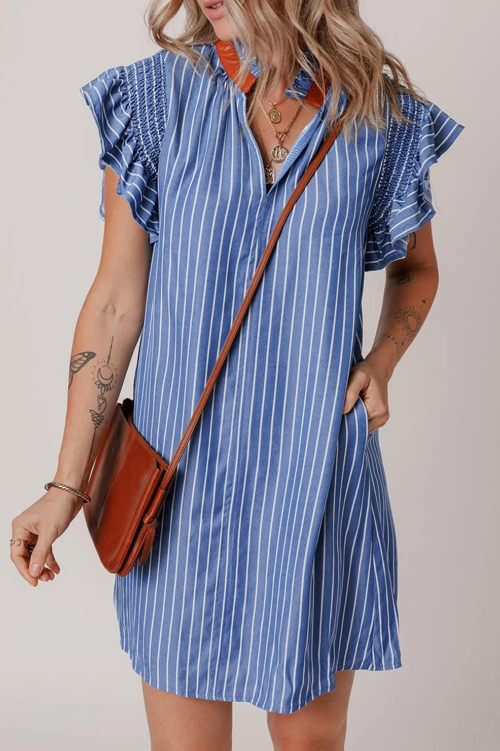 Stripe Frilly Split Neck Shirred Ruffle Sleeve Short Shift Dress.