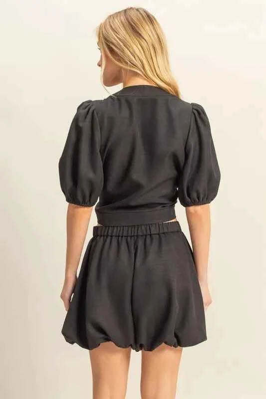 Front Tie Top and Bubble Hem Shorts