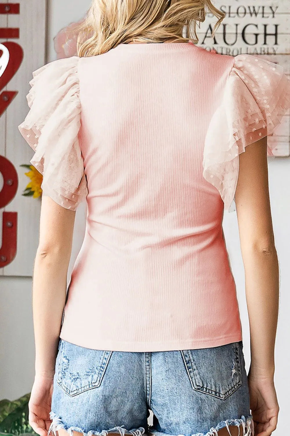 Ruffled Round Neck Cap Sleeve Blouse.