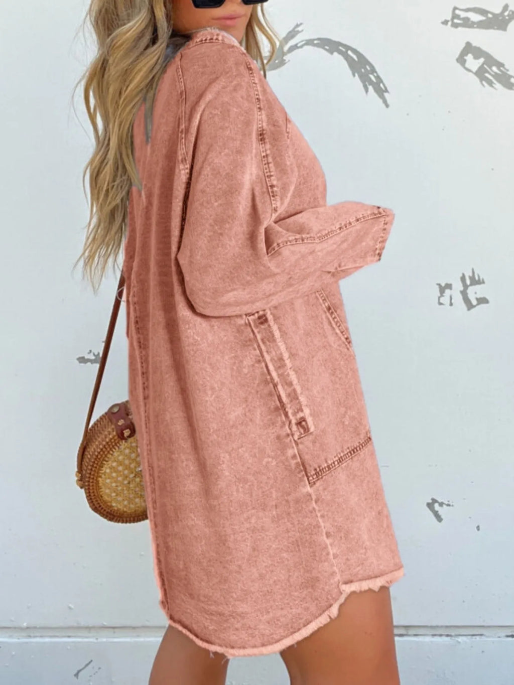 Full Size Button-Front Long Sleeve Denim Shirt Dress Plus Size.