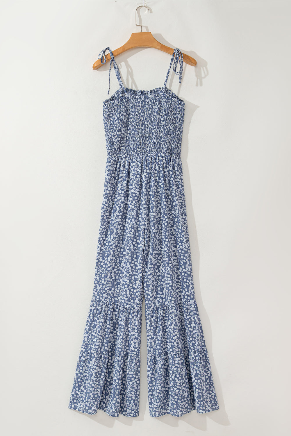 Dusk Blue Thin Straps Smocked Bodice Wide Leg Floral Jumpsuit Dear-Lover Dropshipping