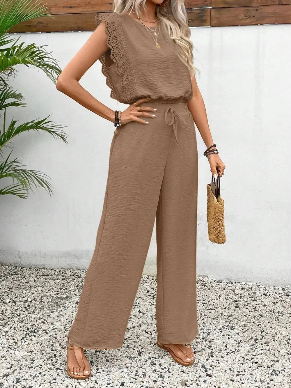 Lace Trim Round Neck Top and Pants Set - CHIC TB