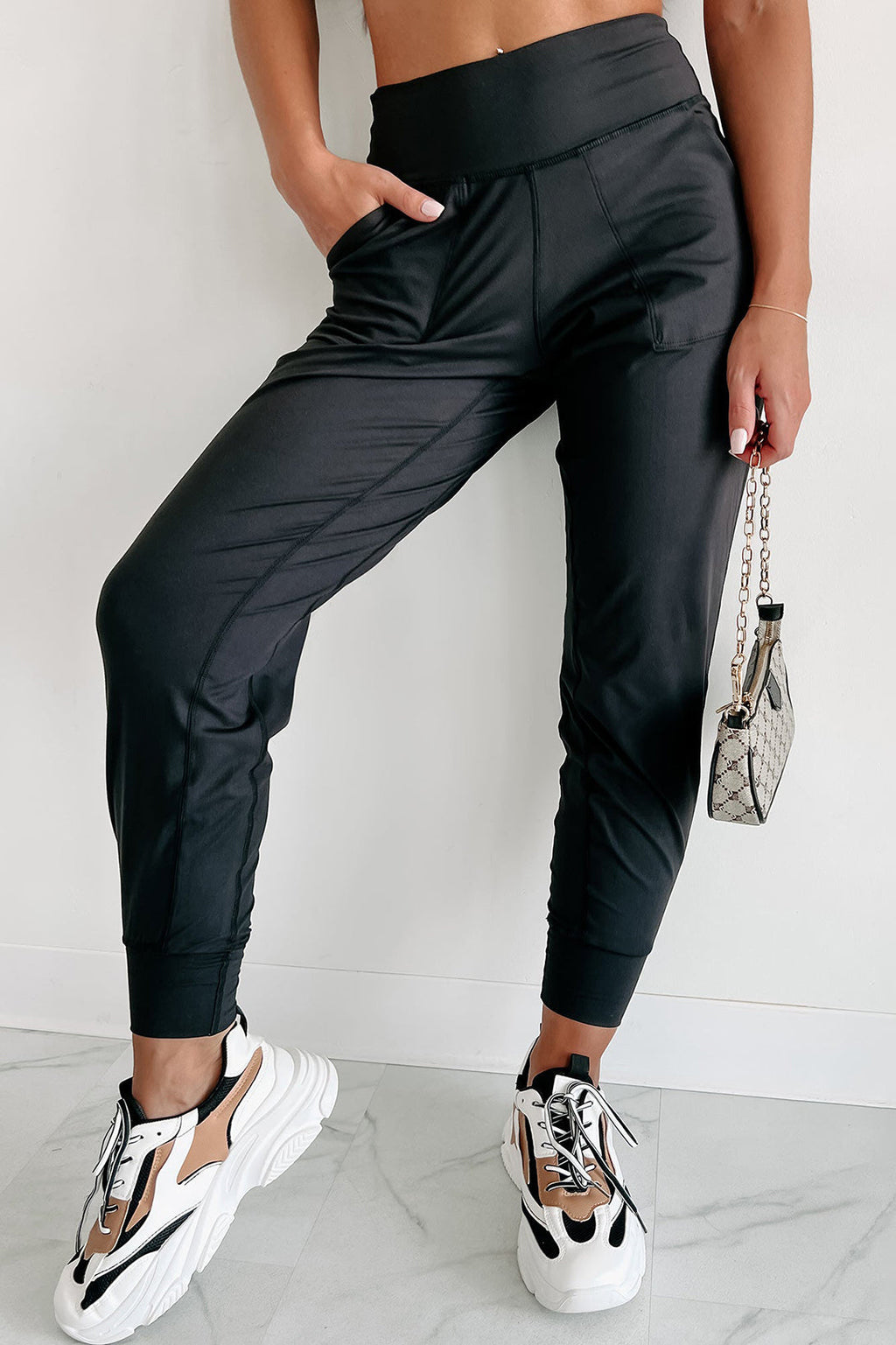 Black Exposed Seam High Waist Pocketed Joggers Dear-Lover Dropshipping