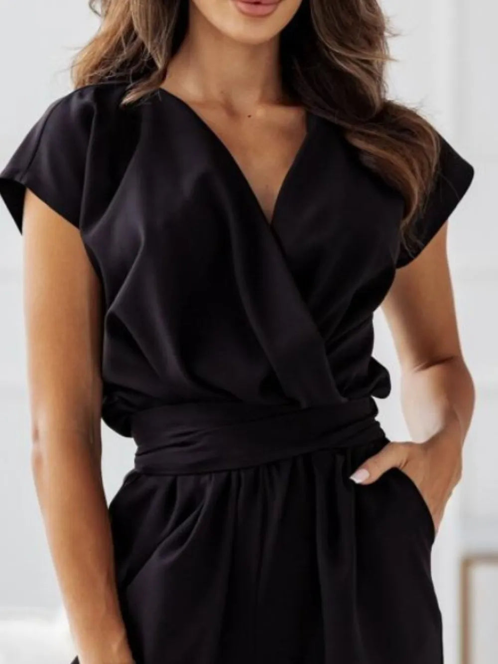 Surplice Cap Sleeve Tie Waist Jumpsuit - CHIC TB