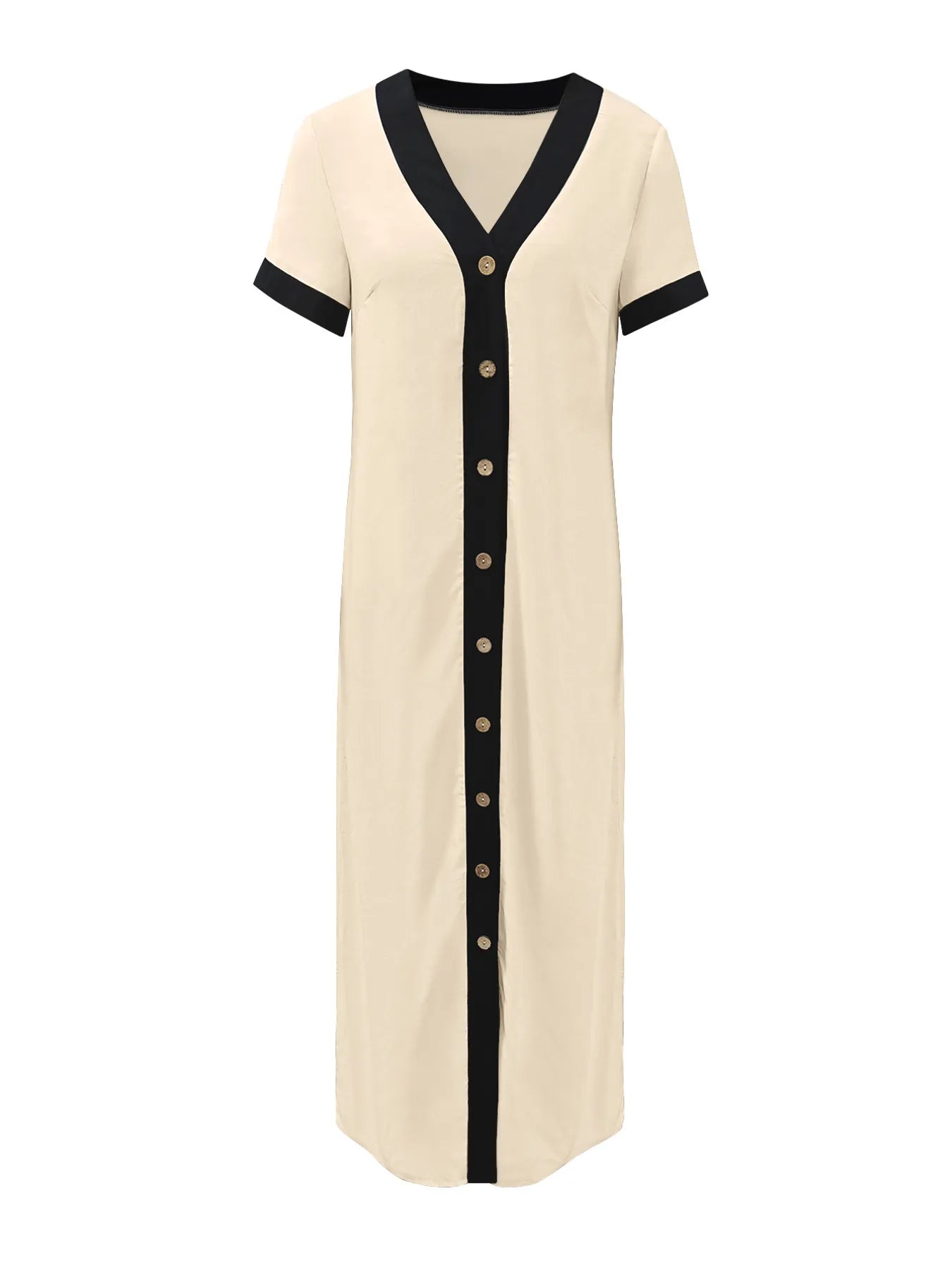 Button-Front Contrast Trim Midi Dress.