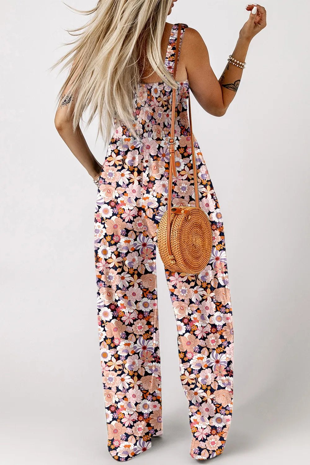 Floral Print Smocked High Waist Square Neck Jumpsuit.
