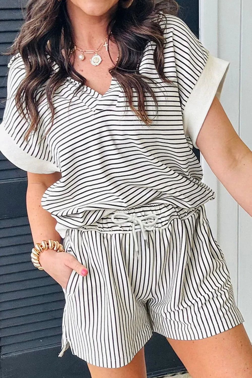 Stripe V Neck Tee and Casual Shorts Set.