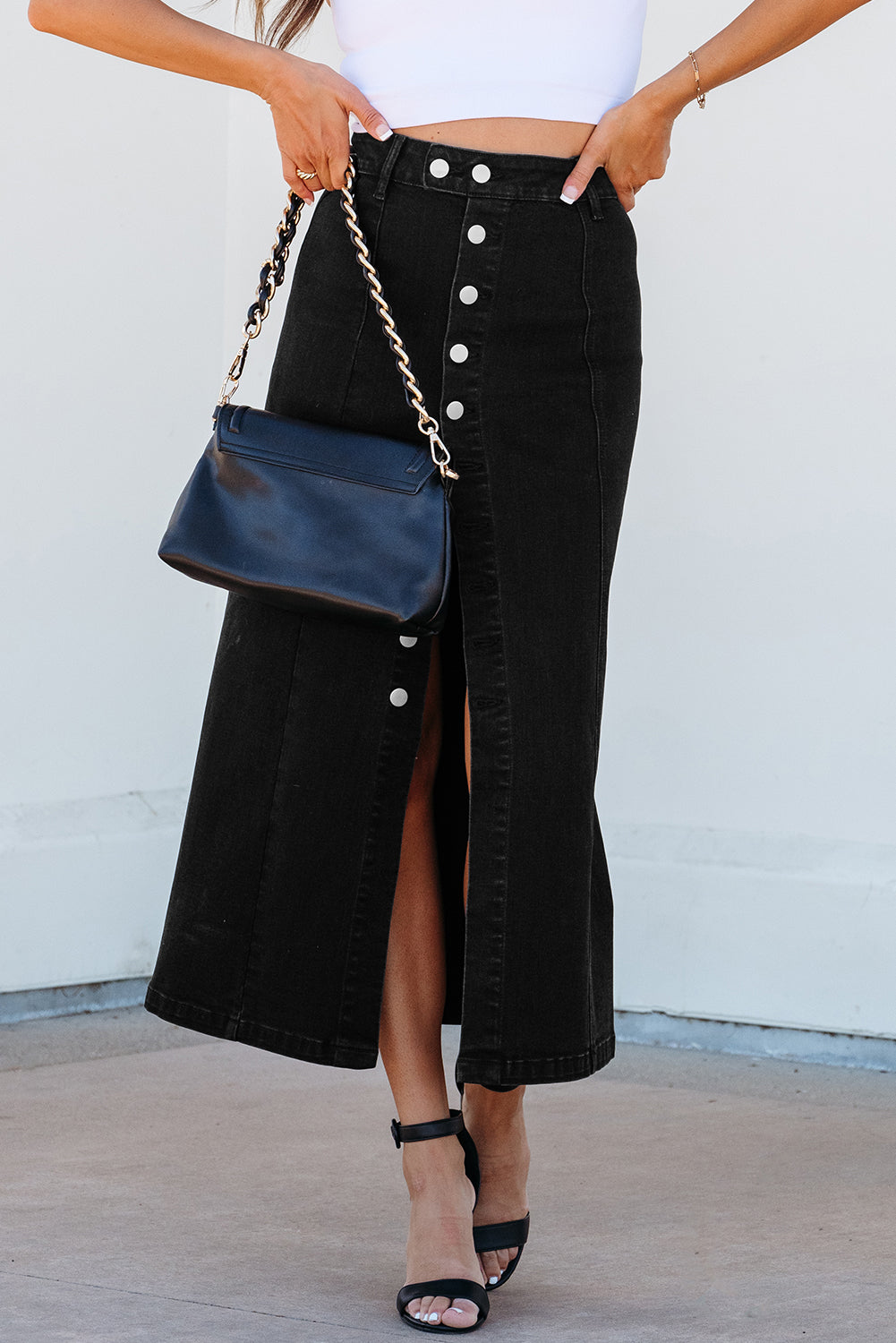 Black Button Fly Side Split High Waist Denim Midi Skirt Dear-Lover Dropshipping